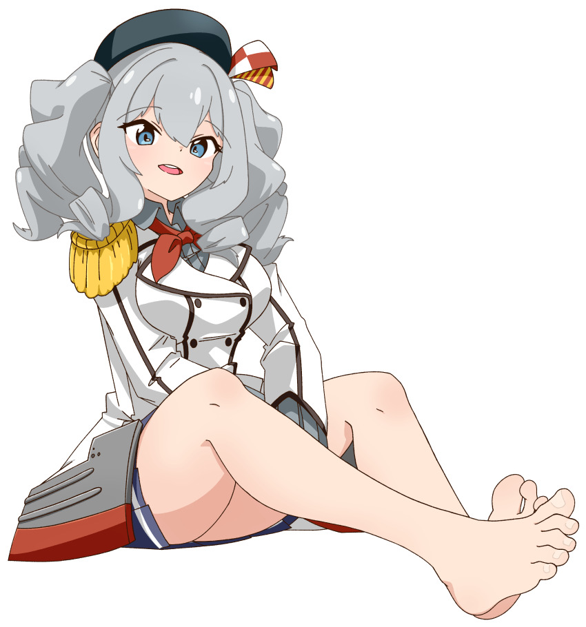 1girl absurdres barefoot beret black_hat blue_eyes breasts commentary_request epaulettes full_body grey_hair grey_skirt hat highres jacket kantai_collection kashima_(kancolle) large_breasts long_sleeves looking_at_viewer military military_jacket military_uniform nairo neckerchief open_mouth pleated_skirt red_neckerchief round_teeth sitting skirt solo teeth twintails upper_teeth_only wavy_hair white_jacket
