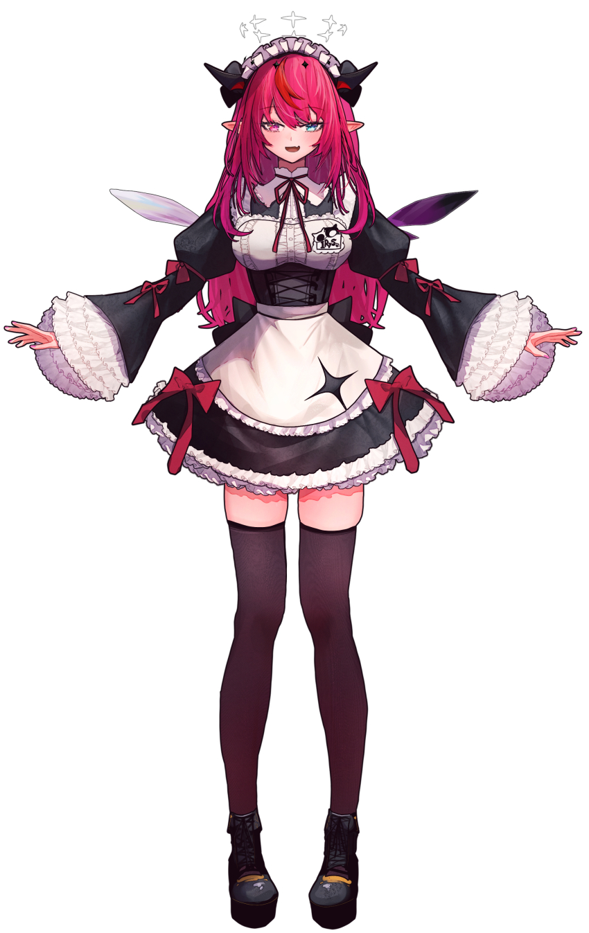 1girl absurdres arrow_(symbol) asymmetrical_wings black_garter_straps black_gloves black_shoes black_thighhighs breasts clothing_cutout commentary corset crystal_wings design_speculation english_commentary expressionless eyepatch frilled_sleeves frills full_body garter_straps getto gloves hair_between_eyes halo highres hololive hololive_english horns irys_(hololive) irys_(maid)_(hololive) juliet_sleeves long_hair long_sleeves looking_at_viewer maid_headdress medium_breasts one_eye_covered pink_eyes platform_shoes pointy_ears puffy_sleeves red_hair shoes simple_background solo standing star_halo thighhighs virtual_youtuber white_background wide_sleeves wings zettai_ryouiki