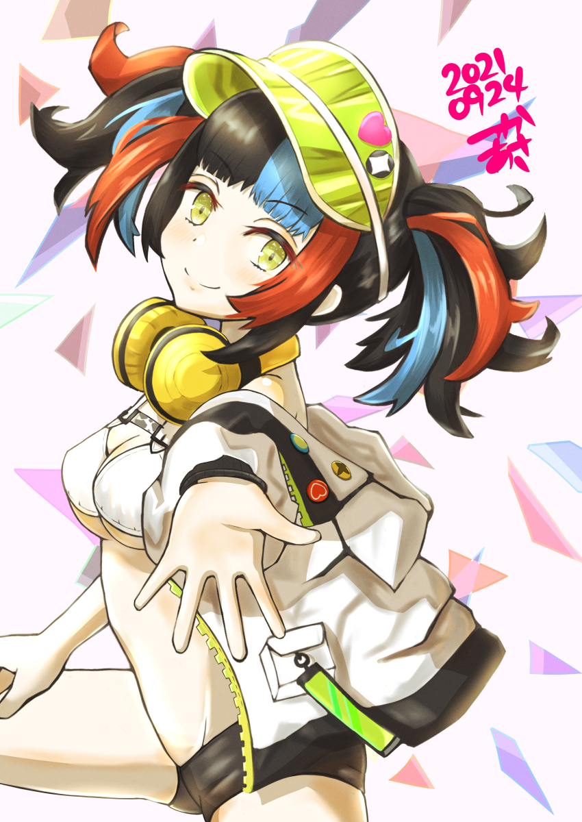 1girl absurdres bikini black_hair black_shorts blue_hair breasts closed_mouth dated fate/grand_order fate_(series) green_hat hat headphones heart_ornament highres jacket long_sleeves looking_at_viewer medium_breasts multicolored_hair offering_hand open_clothes open_jacket red_hair sei_shounagon_(fate) sei_shounagon_(swimsuit_berserker)_(first_ascension)_(fate) short_shorts shorts smile solo swimsuit tsukaasa twintails white_bikini white_jacket yellow_eyes