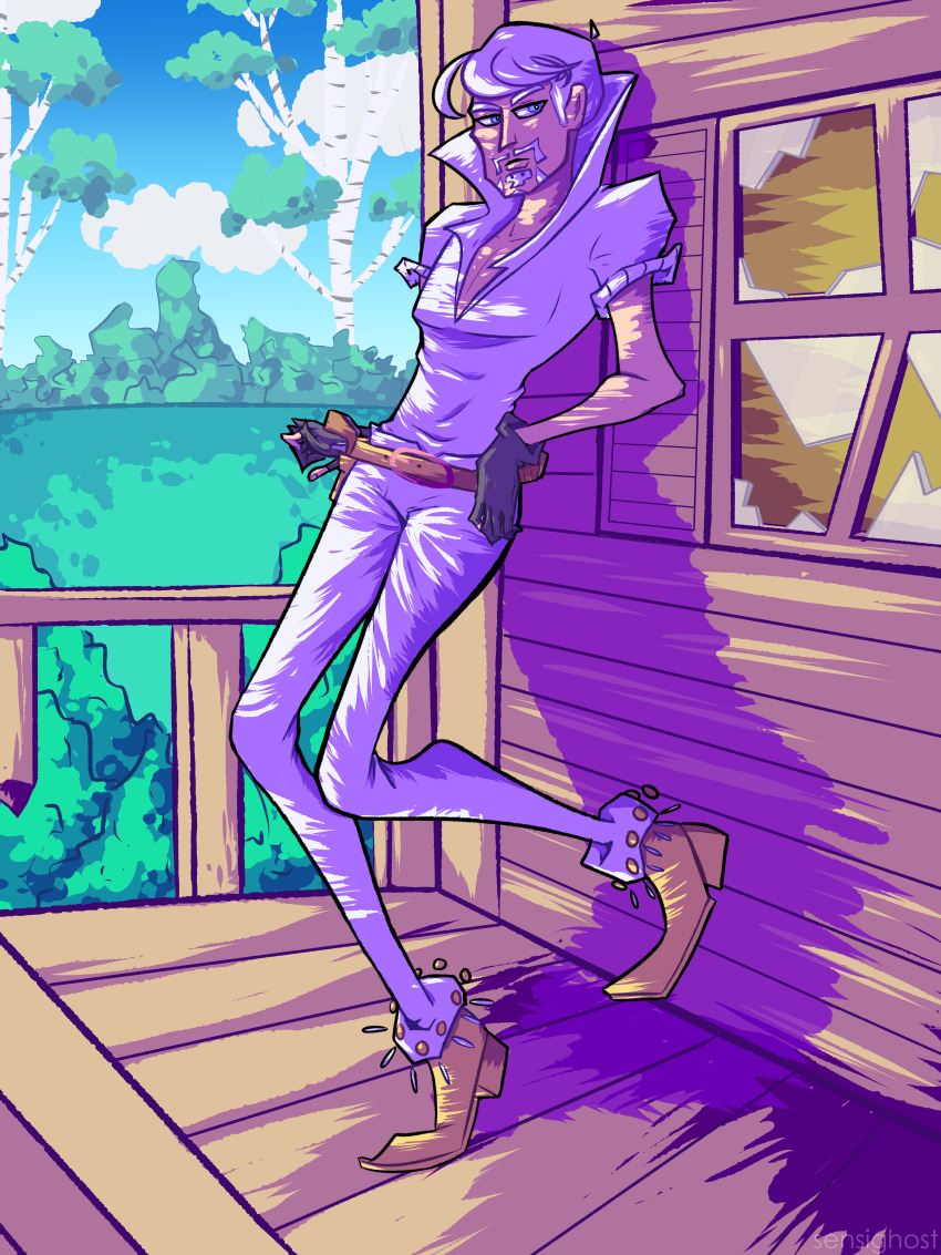 1boy absurdres beard belt black_gloves blue_eyes brown_belt cleavage_cutout clip_studio_paint_(medium) clothing_cutout facial_hair floydoodles gloves high_collar highres incredibly_absurdres jojo_no_kimyou_na_bouken mustache outdoors pants ringo_roadagain shirt short_sleeves steel_ball_run toon_(style) tree white_beard white_hair white_pants white_shirt window