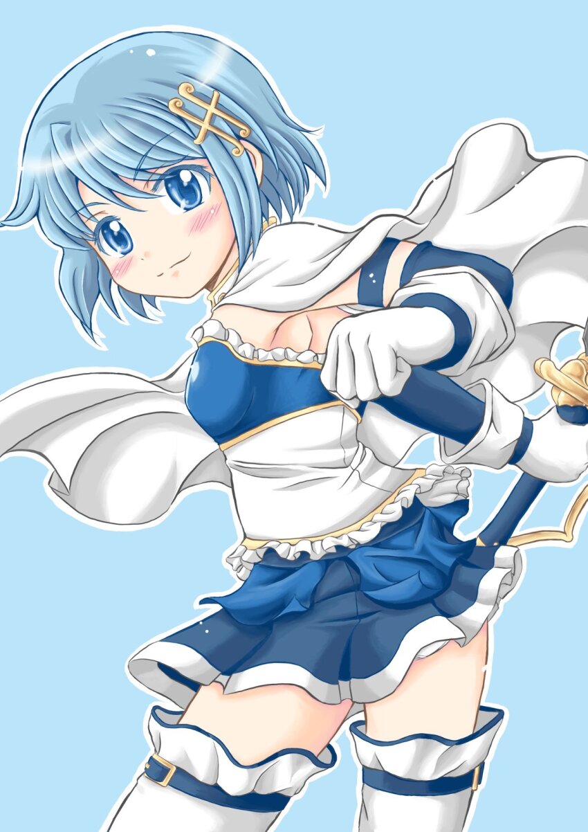 1girl belt blue_background blue_eyes blue_hair blue_skirt blush cape commentary detached_sleeves fortissimo frills gloves hair_ornament highres holding holding_sword holding_weapon kurumaya_maa looking_at_viewer magical_girl mahou_shoujo_madoka_magica mahou_shoujo_madoka_magica_(anime) miki_sayaka miki_sayaka_(magical_girl) miniskirt musical_note musical_note_hair_ornament outline short_hair simple_background skirt solo sword thigh_belt thigh_strap thighhighs weapon white_cape white_gloves white_outline white_thighhighs