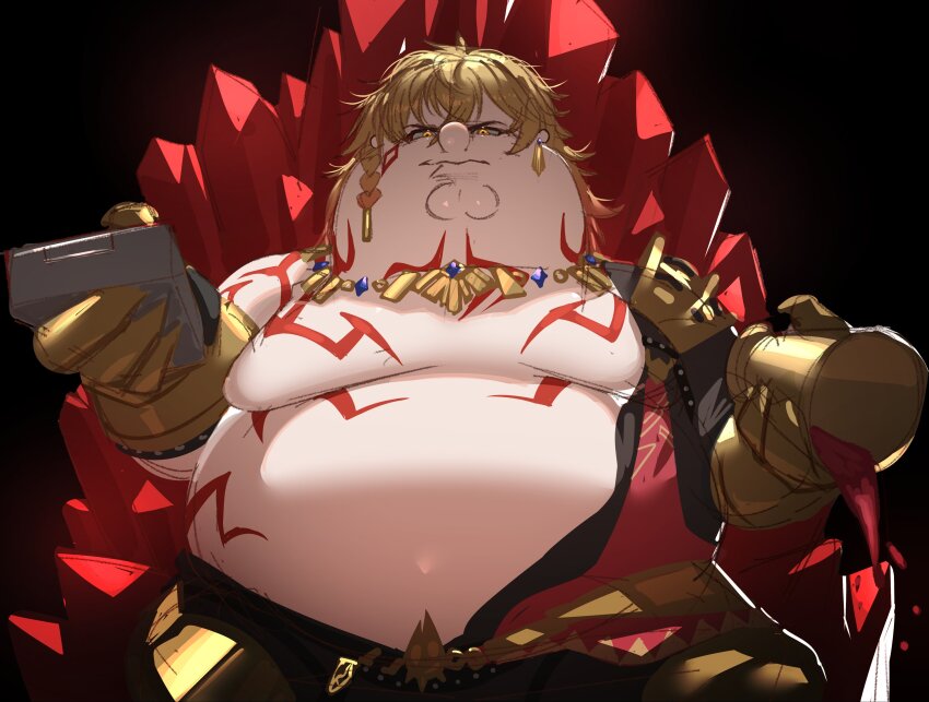 1boy absurdres blonde_hair braid chest_tattoo clawed_gauntlets cleft_chin closed_mouth commentary controller cosplay cup earrings english_commentary family_guy fat fat_man gold_earrings gold_necklace highres holding holding_cup holding_remote_control honkai:_star_rail honkai_(series) jewelry kowai_(iamkowai) male_focus mydei_(honkai:_star_rail) mydei_(honkai:_star_rail)_(cosplay) necklace peter_griffin red_tattoo remote_control side_braid sitting solo spilling tattoo yellow_eyes