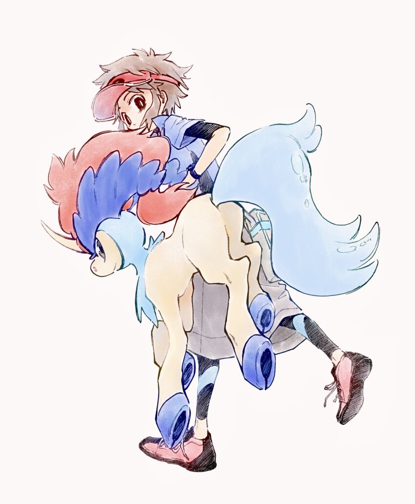 1boy absurdres blue_jacket bodysuit bodysuit_under_clothes bright_pupils brown_eyes brown_hair closed_mouth commentary gen_5_pokemon grey_pants highres jacket keldeo legendary_pokemon looking_down male_focus mythical_pokemon nate_(pokemon) nintendo pants pokemon pokemon_(creature) pokemon_bw2 shoes short_hair simple_background standing symbol-only_commentary tan_carbonnn visor_cap white_background white_pupils