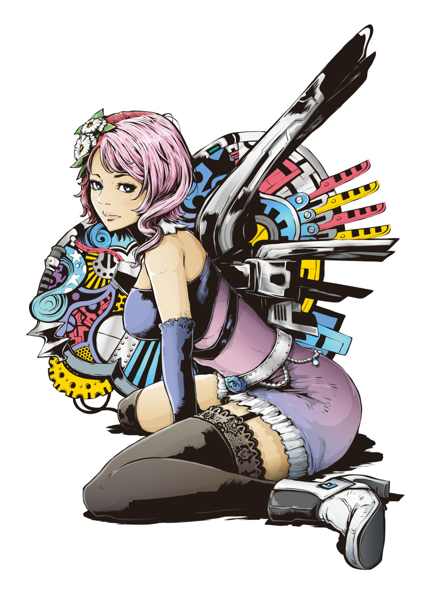 1girl :| absurdres alisa_boskonovich ankle_boots aqua_eyes bare_shoulders black_thighhighs blue_sleeves boots closed_mouth detached_sleeves dress expressionless flower from_side full_body hair_flower hair_ornament high_heel_boots high_heels highres jbstyle mechanical_wings multicolored_hair non-web_source official_art pink_hair purple_dress sitting solo tekken tekken_7 thighhighs two-tone_hair wariza white_background white_boots wings