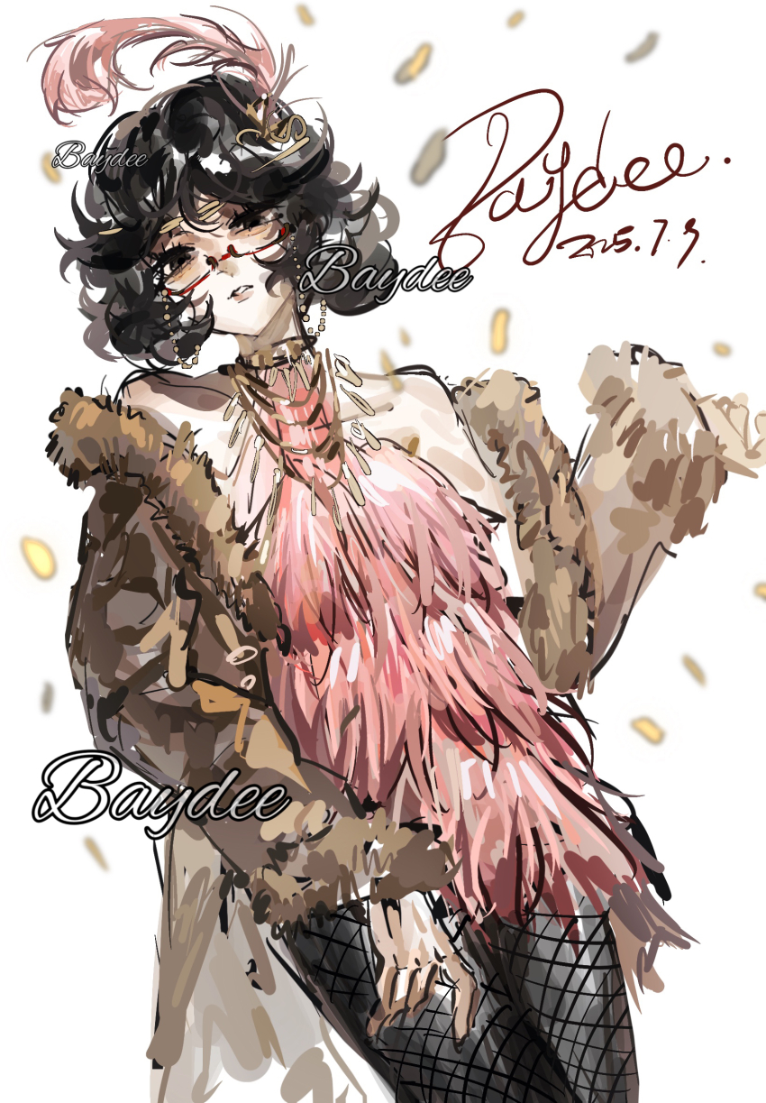 1girl bare_shoulders baydee black_eyes black_hair black_pantyhose brown_coat brown_jacket coat cowboy_shot dated dress feather_hair_ornament feathers fishnet_pantyhose fishnets fur_coat fur_trim glasses hair_ornament highres identity_v jacket jewelry long_sleeves looking_at_viewer margaretha_zelle necklace off_shoulder pantyhose parted_lips pink_dress procreate_(medium) red-framed_eyewear semi-rimless_eyewear short_hair simple_background solo wavy_hair white_background