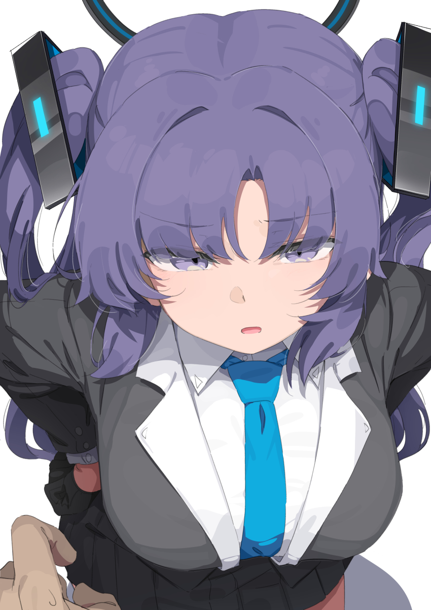 1boy 1girl :o absurdres black_skirt blazer blue_archive blue_necktie breasts commentary_request csham dress_shirt halo highres jacket large_breasts long_hair looking_at_viewer necktie pleated_skirt pov pov_hands purple_hair shirt simple_background skirt sweatdrop two_side_up white_background white_shirt yuuka_(blue_archive)