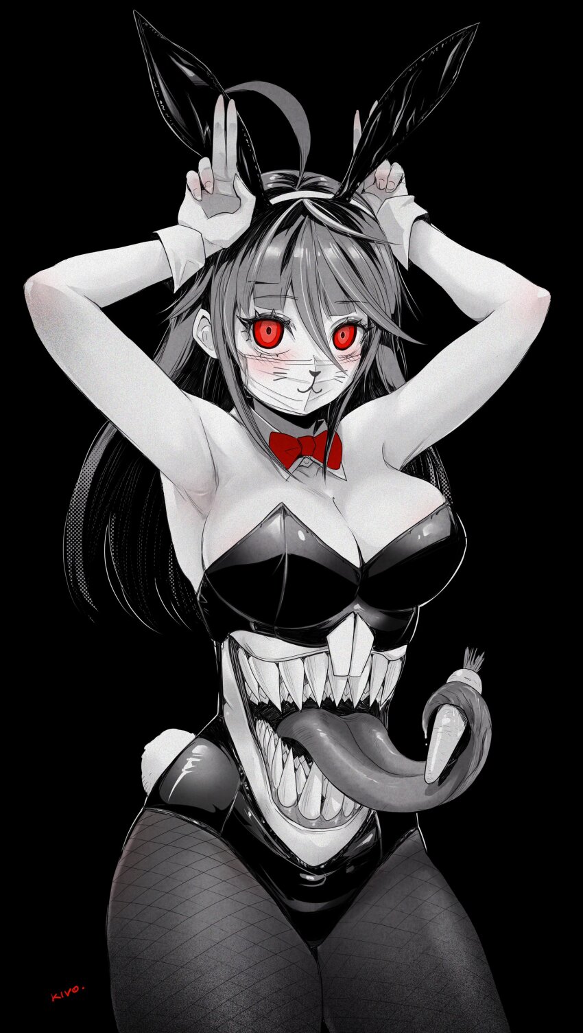 1girl absurdres ahoge animal_ears armpits arms_up bare_shoulders black_hair black_leotard bow bowtie breasts bunny_day carrot center_opening cleavage commentary cowboy_shot detached_collar english_commentary fake_animal_ears fake_tail fishnet_pantyhose fishnets hair_between_eyes highleg highleg_leotard highres kivo large_breasts leotard limited_palette long_hair looking_at_viewer mask mimi_(kivo) monster_girl mouth_mask original pantyhose playboy_bunny rabbit_ears rabbit_pose rabbit_tail red_bow red_bowtie red_eyes sharp_teeth sidelocks signature solo standing stomach_mouth strapless strapless_leotard tail teeth tongue tongue_hold tongue_out traditional_bowtie wrist_cuffs
