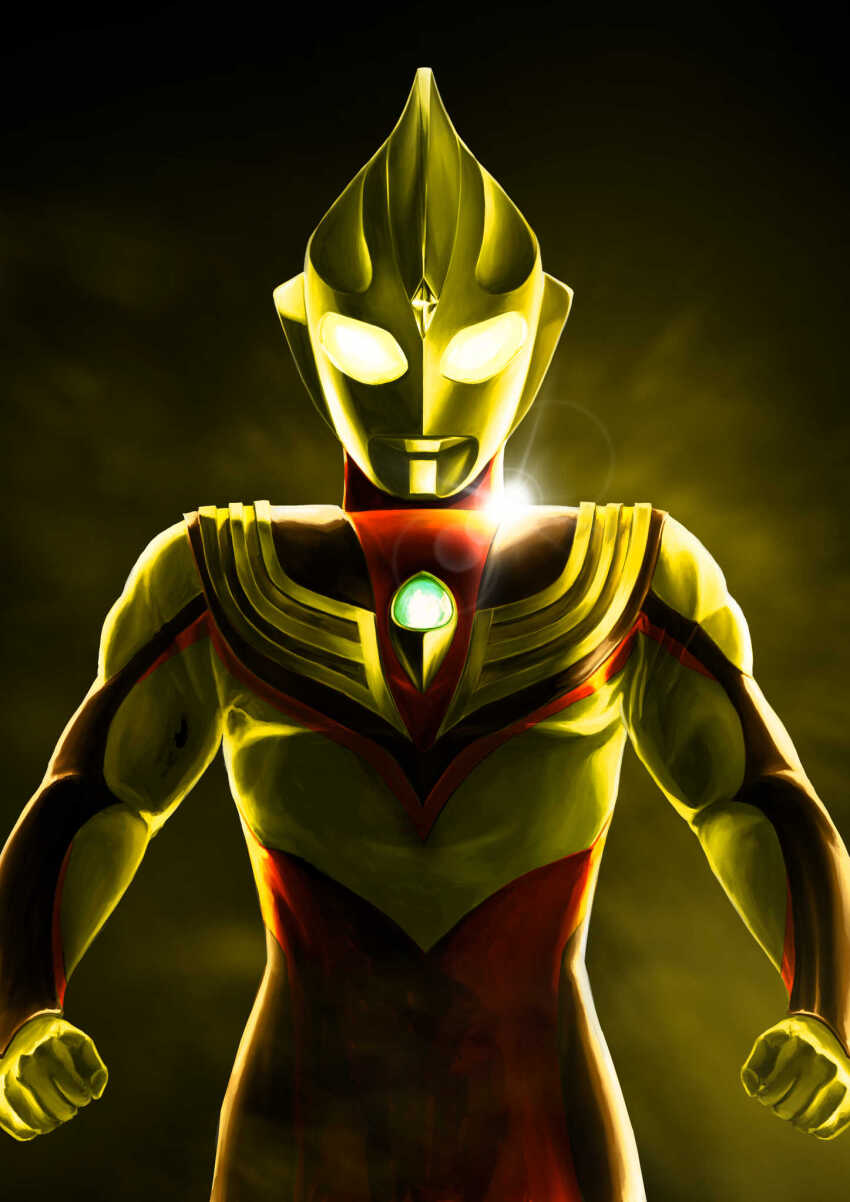 1boy alien armor breastplate clenched_hands color_timer colored_skin commentary compound_eyes cowboy_shot crystal dark_background dorsal_fin forehead_jewel gattyo gem glowing glowing_eyes gold_skin highres lens_flare looking_at_viewer looking_down male_focus multicolored_skin pectorals purple_skin red_skin silver_skin silver_trim solo standing tokusatsu ultra_series ultraman_tiga ultraman_tiga_(glitter_tiga) ultraman_tiga_(series) wrinkled_skin yellow_eyes