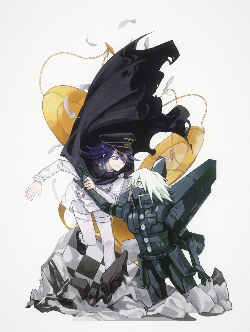 2boys admisea ahoge android armor black_cape buttons cape commentary_request danganronpa_(series) danganronpa_v3:_killing_harmony flipped_hair gloves hair_between_eyes hat highres holding k1-b0 long_sleeves male_focus mask medium_hair mouth_mask multiple_boys oma_kokichi pants peaked_cap power_armor purple_eyes purple_hair short_hair simple_background smile thigh_strap white_hair wind wind_lift