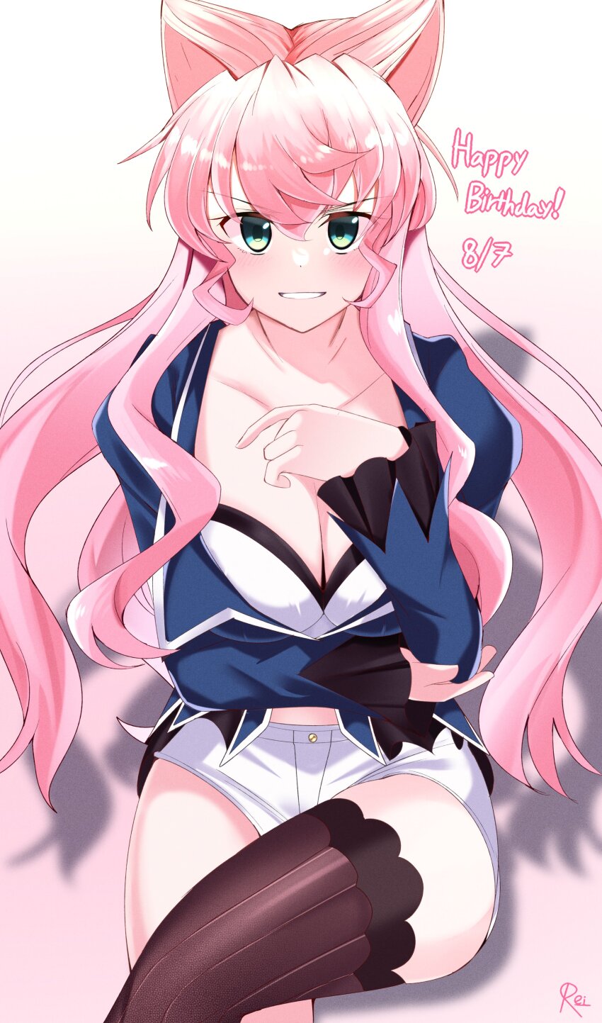 1girl absurdres blue_eyes breasts cleavage hair_between_eyes hair_ornament highres large_breasts long_hair looking_at_viewer maria_cadenzavna_eve pink_hair reiei_8 senki_zesshou_symphogear smile solo thighhighs