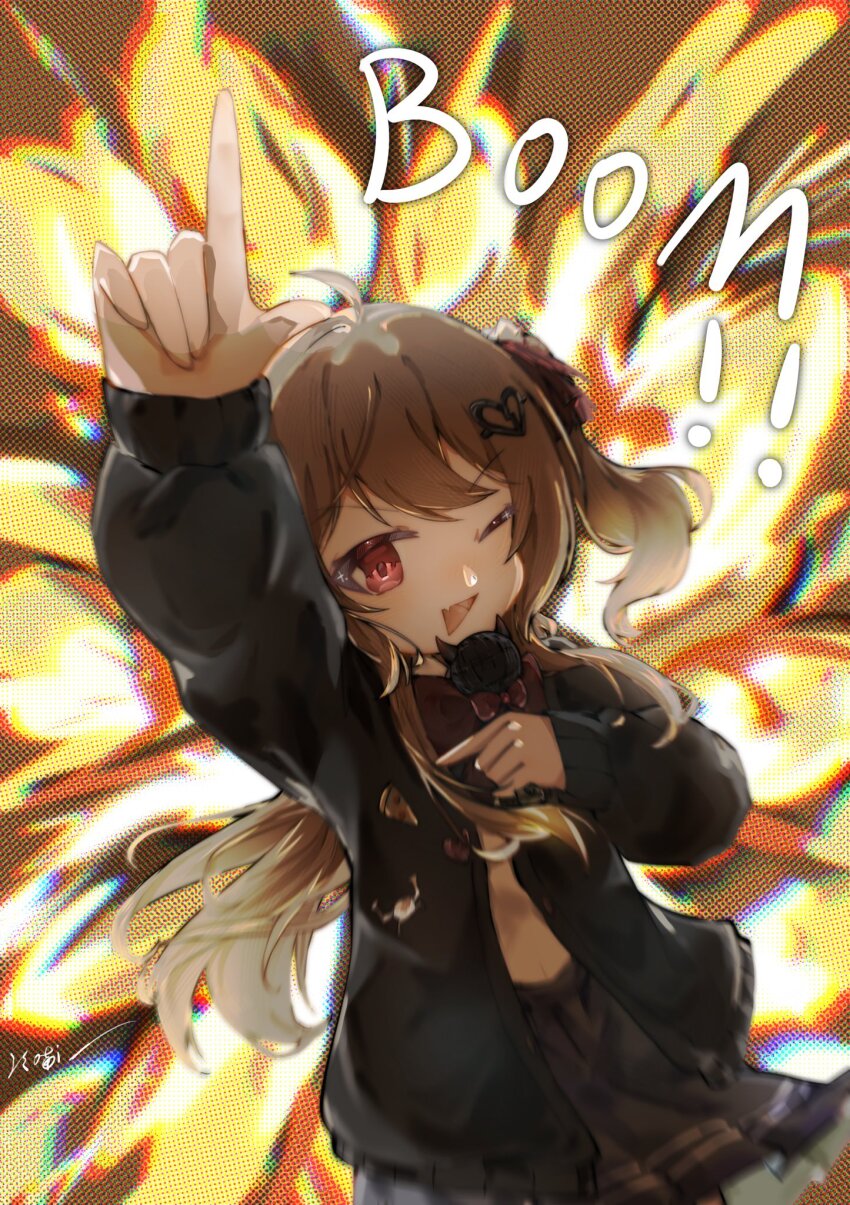 1girl ahoge arm_up black_cardigan black_skirt bow bowtie brown_hair cardigan cowboy_shot evil_neuro-sama explosion fang hair_between_eyes hair_ribbon highres holding holding_microphone lingmiaoii long_hair long_sleeves looking_at_viewer microphone neuro-sama one_eye_closed pleated_skirt red_bow red_bowtie red_ribbon ribbon skin_fang skirt solo sound_effects two_side_up vedal_ai virtual_youtuber