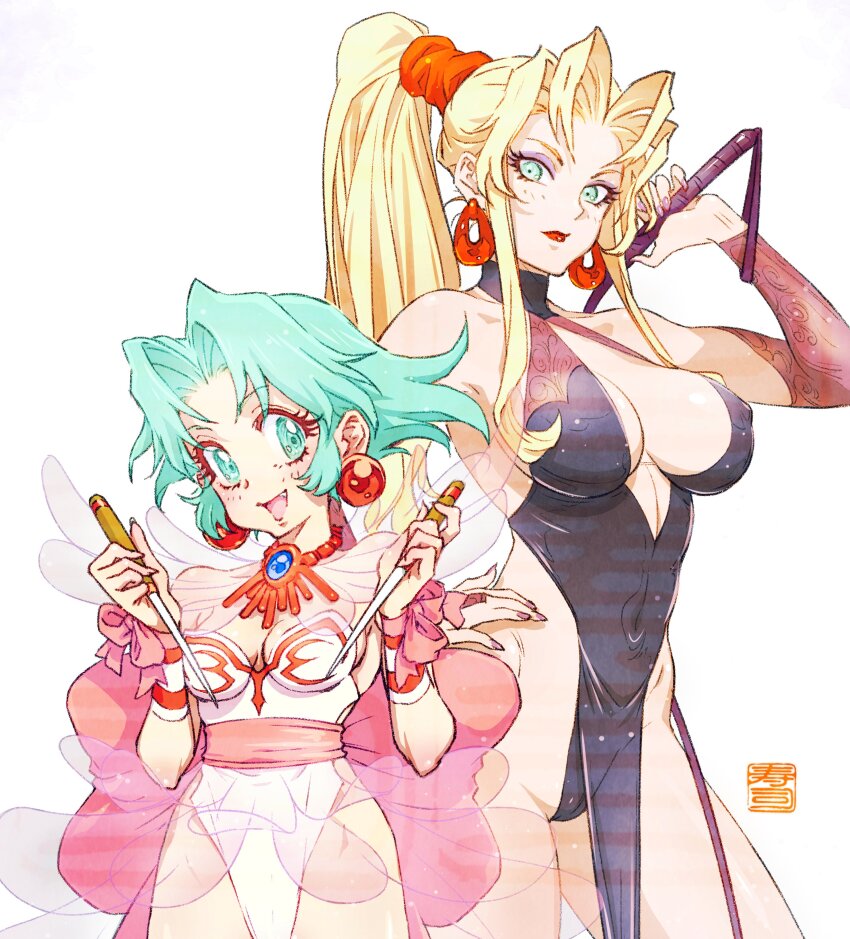 2girls absurdres aqua_eyes aqua_hair artist_name blonde_hair blue_eyes breasts cleavage closed_mouth commentary_request covered_erect_nipples covered_navel detached_collar dress dual_wielding earrings ellis_(toushinden) fingernails halterneck high_ponytail highleg highleg_leotard highres holding holding_weapon jewelry kotobuki_tsukasa large_breasts leotard lips long_hair looking_at_viewer makeup multiple_girls nail_polish open_mouth parted_bangs pelvic_curtain ponytail reverse_grip see-through_clothes short_hair sidelocks signature simple_background sleeveless smile sofia_(toushinden) strapless strapless_leotard toushinden weapon whip white_leotard wrist_cuffs