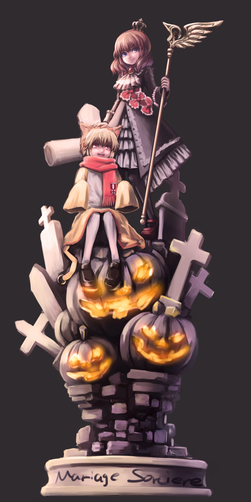 1boy 1girl animal_ears ascot bad_id bad_pixiv_id blonde_hair brown_hair cross crown dress french_text hand_on_head highres jack-o&#039;-lantern kuinji_51go lion_ears long_sleeves maria_(umineko) no_naku_koro_ni_(series) open_mouth purple_eyes ranguage red_eyes sakutarou_(umineko) scarf sitting sleeves_past_wrists smile staff umineko_no_naku_koro_ni ushiromiya_maria