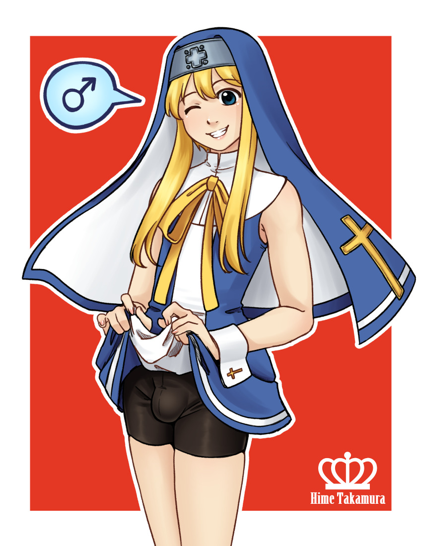 1boy artist_name bare_arms bike_shorts blonde_hair blue_eyes border bridget_(guilty_gear) bulge clothes_lift commentary cowboy_shot cross dress dress_lift english_commentary grin guilty_gear hair_between_eyes highres hime_takamura latin_cross lifting_own_clothes long_hair looking_at_viewer male_focus mars_symbol neck_ribbon nun one_eye_closed outline outside_border red_background ribbon sidelocks simple_background sleeveless sleeveless_dress smile solo spoken_mars_symbol teeth trap white_border white_outline wrist_cuffs yellow_ribbon