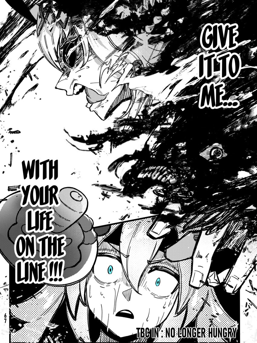 2girls aura blue_eyes blue_lock carrot carrot_hamburger_steak dark_aura english_text eye_trail food greyscale hair_between_eyes hair_ornament hairband hamburger_steak headband highres horse_girl light_trail long_hair monochrome multiple_girls nervous_sweating oguri_cap_(umamusume) open_mouth sakanaflyer scene_reference spot_color sweat tamamo_cross_(umamusume) teeth tongue tongue_out umamusume umamusume:_cinderella_gray