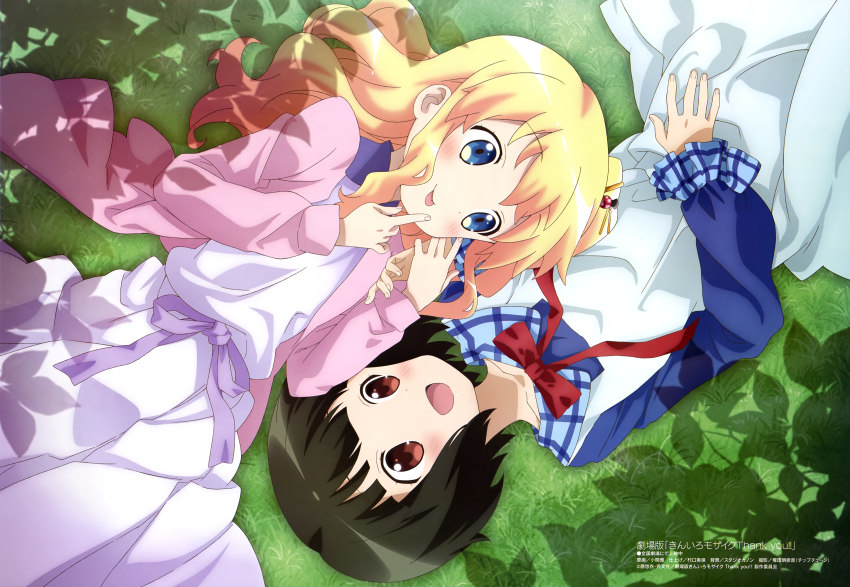 2girls :d absurdres alice_cartelet black_hair blonde_hair blue_eyes blue_shirt blunt_bangs collarbone dress from_above grass highres jacket kin-iro_mosaic koseki_masaru long_hair long_sleeves looking_at_another lying megami_magazine multiple_girls official_art on_back oomiya_shinobu open_mouth pink_jacket purple_dress red_eyes red_neckwear red_ribbon ribbon scan shadow shirt short_hair smile tongue tongue_out white_dress yuri
