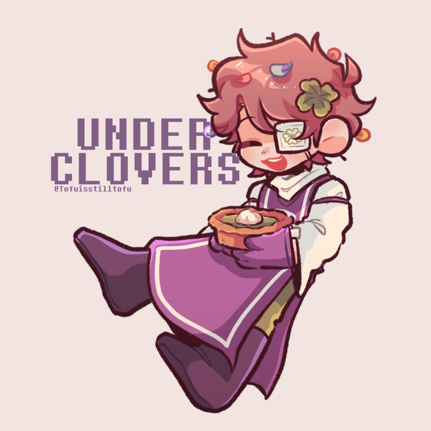 1boy ahoge alternate_costume boots branch brown_hair cat_smile closed_eyes clover clover_(tofuisstilltofu) clover_hair_ornament clover_print collared_robe collared_shirt cosplay eyepatch fictional_persona petals food full_body gloves green_pants hair_ornament hands_up happy highres holding holding_pie male_focus matcha_(food) messy_hair midair one_eye_covered open_mouth original pants petal_on_head petals pie plant purple_boots purple_gloves purple_robe raised_eyebrow robe shirt short_hair simple_background smile solo stick_in_hair teeth three-quarter_sleeves tofuisstilltofu toriel toriel_(cosplay) twitter_username undertale whipped_cream white_background white_eyepatch white_sleeves