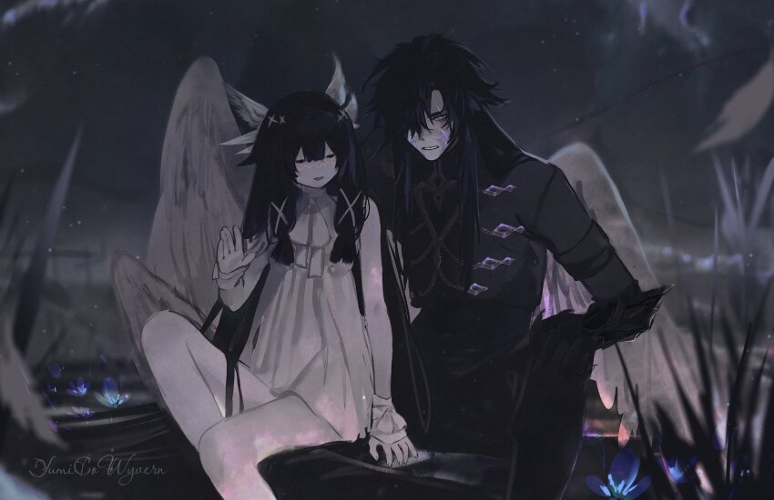 1boy 1girl angel_wings artist_name black_coat black_hair blurry blurry_background bow capitano_(genshin_impact) clenched_teeth coat columbina_(genshin_impact) dim_lighting dress feathered_wings furrowed_brow genshin_impact hair_between_eyes hand_on_own_knee hand_up head_wings highres knee_up leaning_forward long_hair multiple_wings short_dress signature sitting sleeveless sleeveless_dress smile talking teeth transparent_flower very_long_hair white_bow white_dress white_mask white_wings wings yumicowyvern
