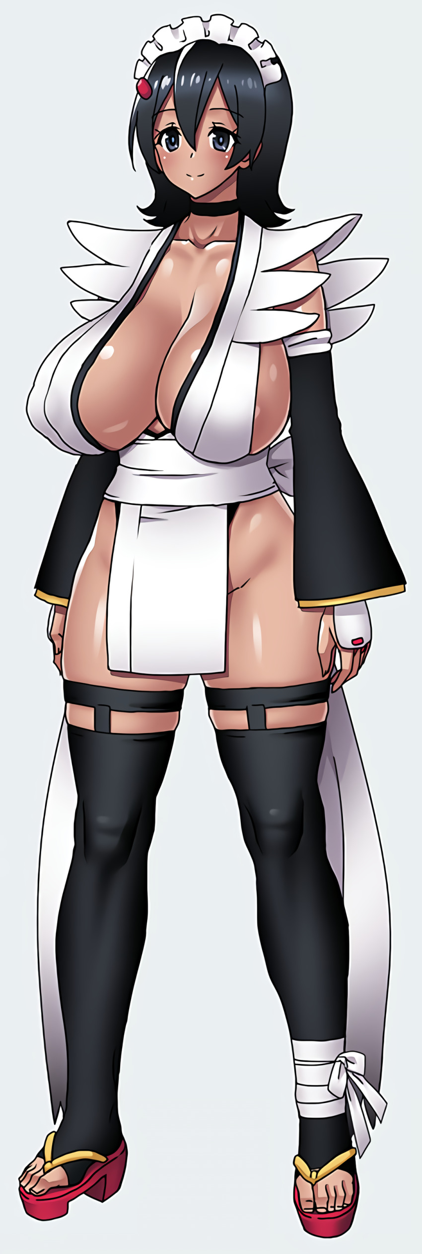 1girl absurdres apron black_eyes black_hair breasts choker cleavage clog_sandals commentary_request curvy garter_straps hair_ornament hairclip highres iroha iroha_(samurai_spirits) japanese_clothes large_breasts maid_headdress no_bra onomeshin plump samurai_spirits short_hair smile solo sword tan thighhighs weapon white_background