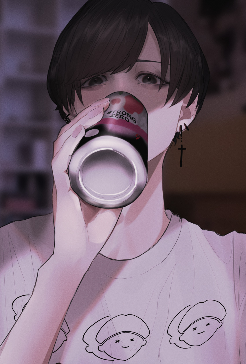 1boy absurdres black_eyes black_hair blurry blurry_background can commentary_request covered_mouth cross cross_earrings drinking earrings hand_up highres holding holding_can indoors jewelry latin_cross looking_at_viewer male_focus mano_aaa original print_shirt shirt short_hair solo swept_bangs t-shirt upper_body white_shirt