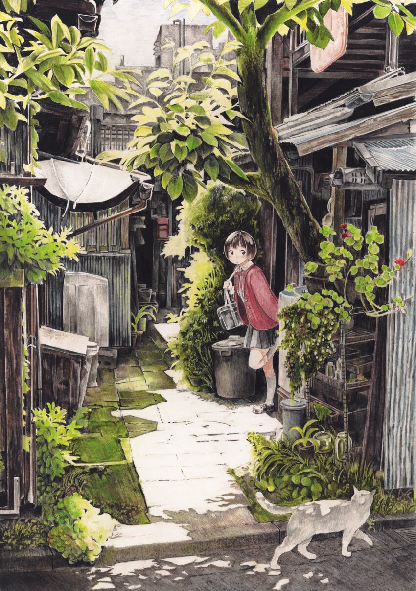 1girl :o absurdres bag black_hair blazer blush cat child city colored_pencil_(medium) day flower futon highres house jacket jar loafers looking_at_another mailbox_(incoming_mail) millipen_(medium) neck_ribbon nekojarashi_(yuuga) original pen_(medium) plant ribbon scenery school_bag school_uniform shadow shoes short_hair skirt sky slice_of_life solo standing standing_on_one_leg traditional_media trash_can tree umbrella white_cat
