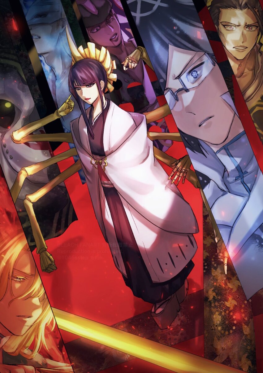 1046sstep_btoh 1girl 1other 5boys askin_nakk_le_vaar bankai black_eyes black_hair black_kimono bleach bleach:_sennen_kessen-hen blonde_hair brown_hair commentary_request curtains dark-skinned_male dark_skin extra_arms gerard_valkyrie glasses haori highres ishida_uryuu japanese_clothes jugram_haschwalth kimono lille_barro mask multiple_boys parted_lips pernida_parnkgjas platform_sandals quincy_(bleach) red_lips sandals shutara_senjumaru sidelocks sternritter taichou_haori white_haori