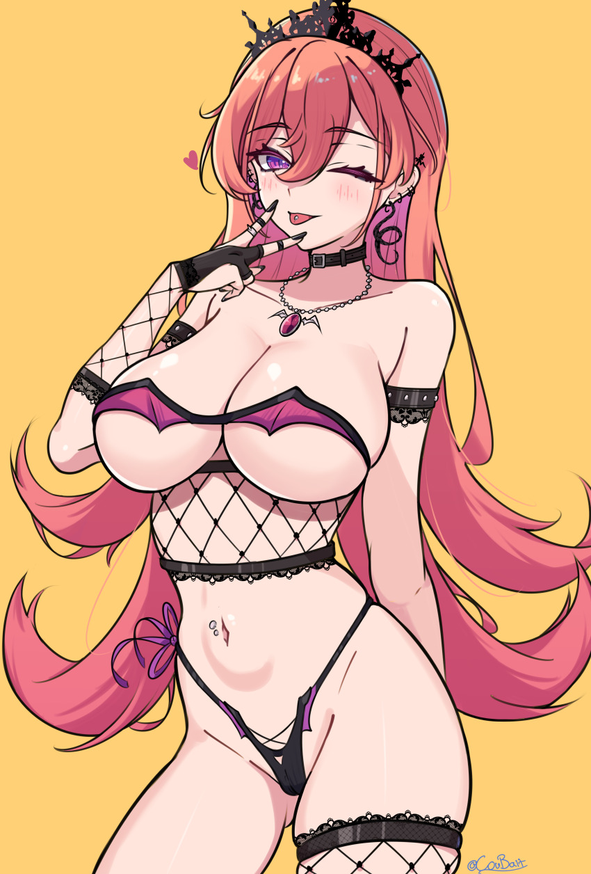 1girl absurdres bandeau coubalty fishnets highres panties phase_connect piercing pink_eyes pink_hair runie_ruse string_panties underwear virtual_youtuber