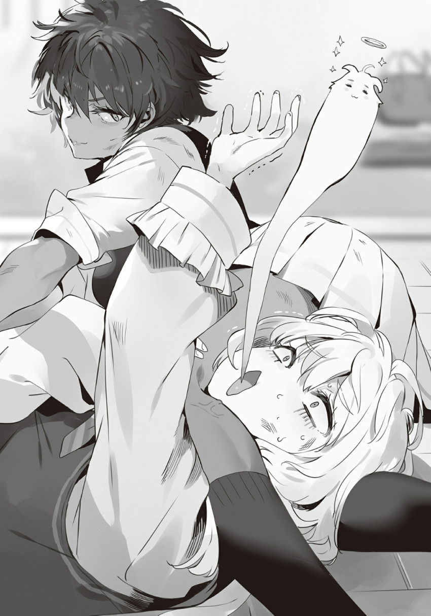 :3 ^_^ asphyxiation between_thighs blurry breasts closed_eyes closed_mouth collared_shirt constricted_pupils enju_yuyuko ghost giving_up_the_ghost hair_between_eyes halo head_between_knees head_between_thighs highres indoors itan_na_karera_no_kimitsu_kyoshitsu large_breasts lips long_sleeves lying miniskirt monochrome multiple_girls nauribon non-web_source novel_illustration official_art on_back on_side open_mouth outstretched_arm pleated_skirt school_uniform scissorhold shinshi_ibuki shirt short_hair skirt sleeves_rolled_up smile socks spread_fingers squeezing sweat tareme thighs trembling tsurime turn_pale v-shaped_eyebrows vest wavy_hair