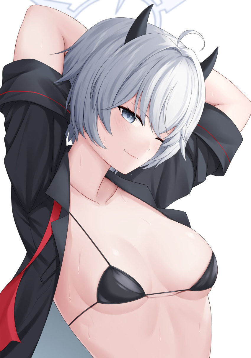 ;) absurdres arms_behind_head bikini black_bikini black_shirt blue_archive blue_eyes blue_halo blush breasts chien_zero demon_girl demon_horns erika_(blue_archive) from_side hair_between_eyes half-closed_eye halo highres horns looking_at_viewer medium_breasts one_eye_closed open_clothes open_shirt shirt short_hair short_sleeves sleeves_rolled_up small_breasts smile swimsuit upper_body white_hair white_halo