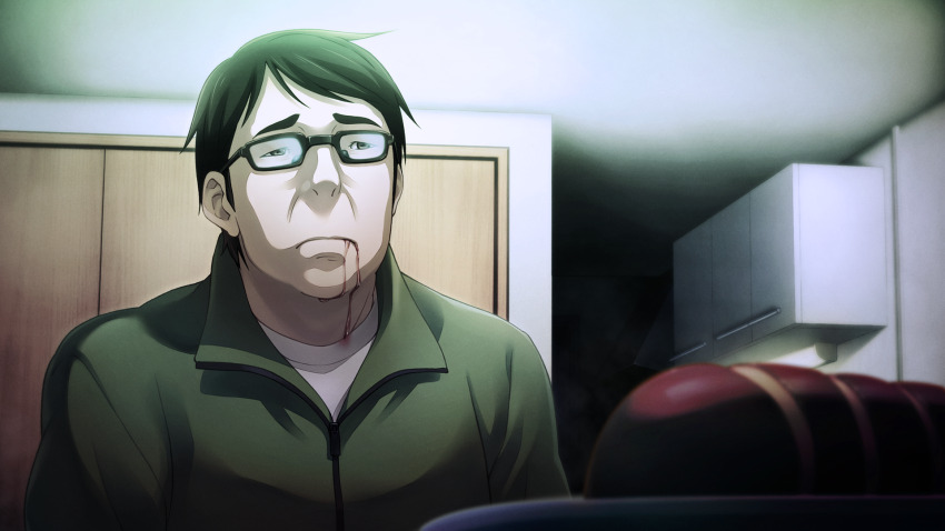 1boy blood blood_from_mouth blood_on_clothes blood_stain chaos;child cupboard drawer drooling drooling_blood food frown game_cg glasses grey_eyes ham highres indoors jacket male_focus non-web_source nostrils official_art half-closed_eye ootani_yuuma plate sasaki_mutsumi shirt short_hair sitting solo track_jacket white_shirt zipper zipper_pull_tab