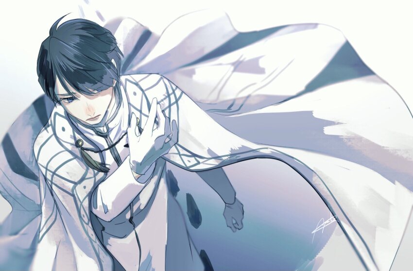 1boy alternate_costume black_hair blue_eyes cape fenix_uniform gloves kadota_hiromi kamen_rider kamen_rider_revice lips male_focus military military_uniform official_alternate_costume short_hair signature tkst_ayaka white_background white_cape white_gloves
