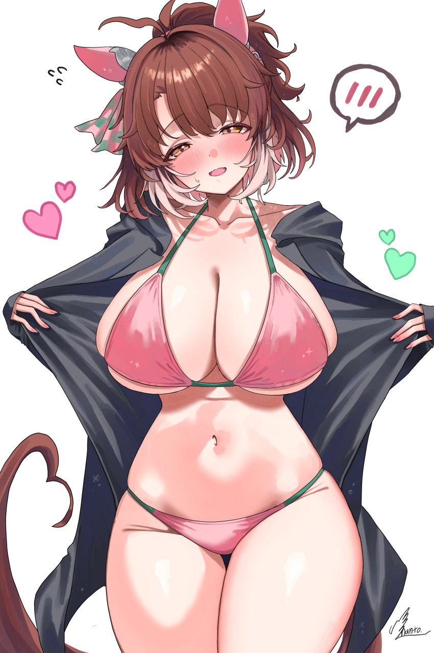 1girl absurdres alternate_costume animal_ears bikini blue_eyes breasts brown_eyes brown_hair cleavage collarbone dantsu_flame_(umamusume) hair_between_eyes hair_ornament highres horse_ears horse_girl jacket large_breasts looking_at_viewer solo sweat swimsuit takatu_nanto umamusume white_background