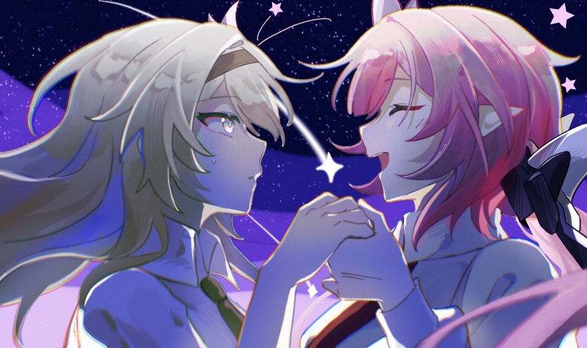 2girls absurdres black_hairband closed_mouth crossover elysia_(honkai_impact) elysia_(office_lady)_(honkai_impact) faber_fubei firefly_(honkai:_star_rail) green_necktie grey_hair hair_ornament hairband highres holding_hands honkai:_star_rail honkai_(series) honkai_impact_3rd long_hair looking_at_viewer multicolored_eyes multiple_girls necktie night night_sky official_alternate_costume open_mouth pink_hair red_necktie shirt sky star_(sky) starry_sky two-tone_eyes upper_body white_shirt