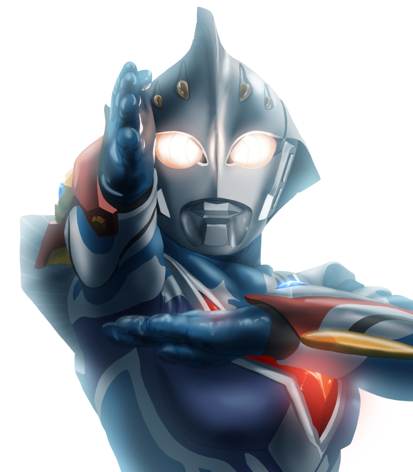 1boy absurdres alien arm_blade bloom blue_skin colored_skin commentary_request dorsal_fin fighting_stance glowing glowing_eyes highres looking_ahead male_focus outstretched_arm outstretched_hand portrait red_skin silver_skin solo tokusatsu ultra_series ultraman_nexus ultraman_nexus_(series) ultraman_nexus_junis_blue vambraces weapon white_background yellow_eyes yoshifuto