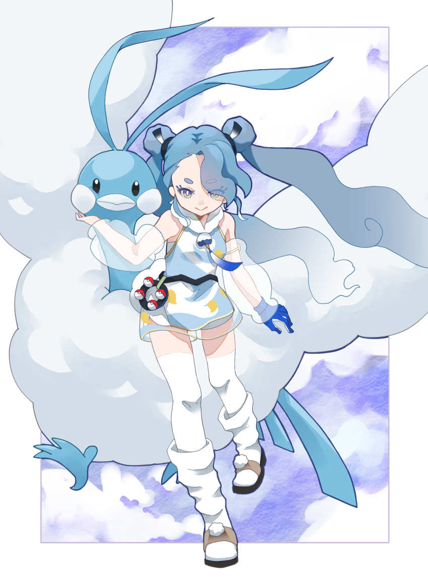 1girl 1other 7himari altaria bird blue_bird blue_gloves boots breasts closed_mouth detached_sleeves flying_miku_(project_voltage) full_body gen_3_pokemon gloves hair_between_eyes hair_ornament hand_on_another&#039;s_chin hatsune_miku highres long_hair long_sleeves looking_at_viewer medium_breasts nintendo official_alternate_costume official_alternate_hairstyle poke_ball pokemon project_voltage see-through_clothes see-through_skirt see-through_sleeves shirt shorts shorts_under_skirt single_glove skirt sleeveless sleeveless_shirt smile socks thighhighs twintails very_long_hair vocaloid white_boots white_socks white_thighhighs