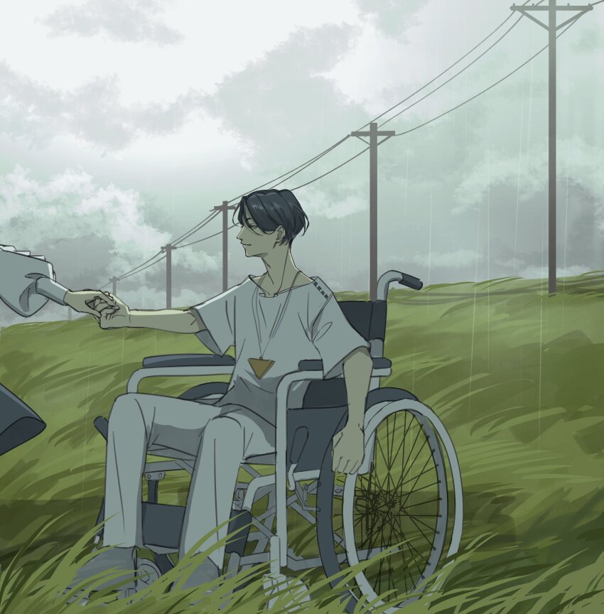 1boy 1girl absurdres closed_mouth cloud cloudy_sky commentary_request day field fukurai_azami full_body grass grey_sky hair_between_eyes highres holding_hands meguriya_ayumu out_of_frame outdoors power_lines shirt short_hair sitting sky solo_focus standing toshi_densetsu_kaitai_center triangle_necklace utility_pole wheelchair white_shirt yoshi_(ys033718)