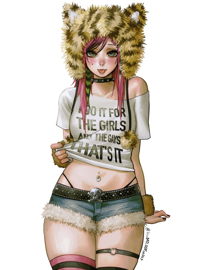 1girl animal_hat bad_dogz_(lnwbad_dogza007) black_choker cat_hat choker clothes_writing commentary cowboy_shot face_piercing fur-trimmed_shorts fur_trim green_eyes hair_between_eyes hat highres long_hair mole mole_on_cheek navel navel_piercing nose_piercing nose_ring original piercing pink_hair raccoon_tails_(hairstyle) scene_fashion shirt short_shorts short_sleeves shorts simple_background skull_belt smile solo spiked_choker spikes striped_clothes striped_thighhighs symbol-only_commentary thigh_strap thighhighs thong tongue tongue_out tongue_piercing white_background white_shirt