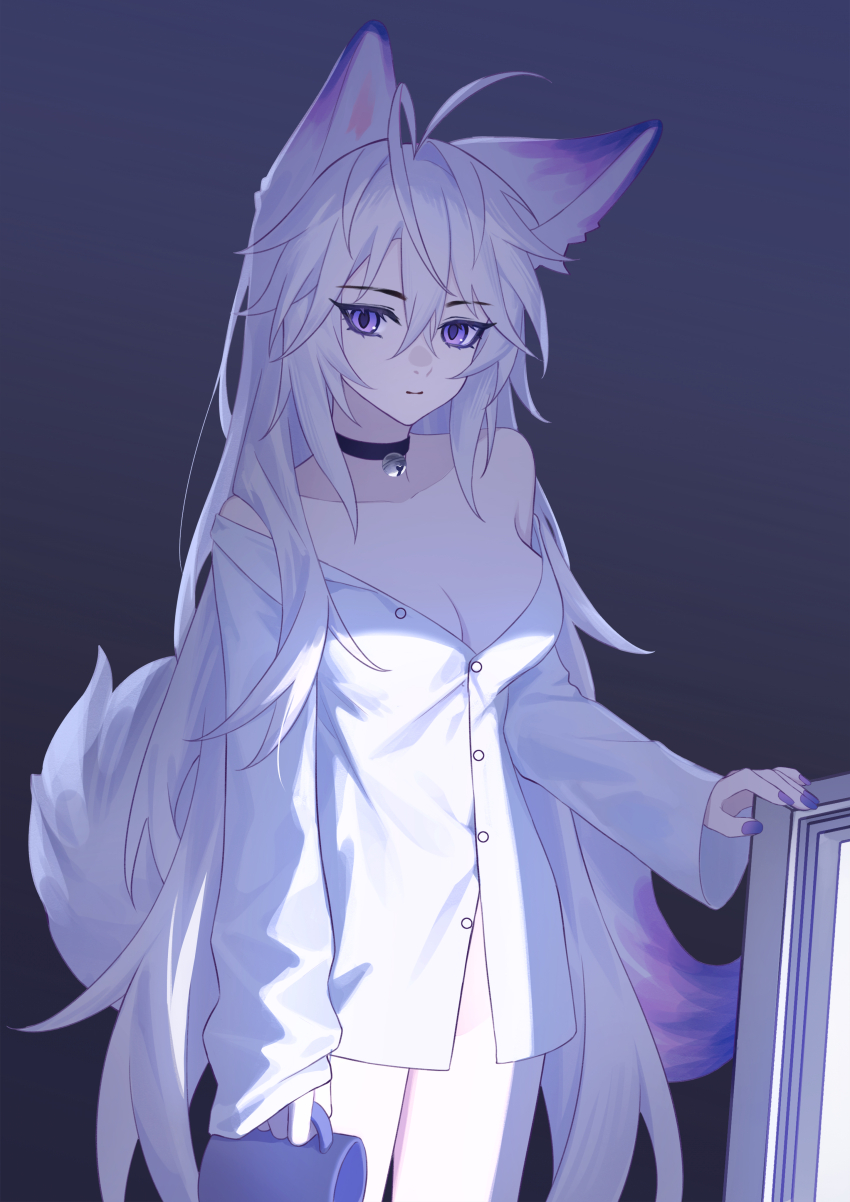 1girl absurdres animal_ear_fluff animal_ears antenna_hair bell bottomless breasts cleavage closed_mouth colored_tips commentary cowboy_shot dim_lighting fingernails fox_ears fox_girl fox_tail gradient_background highres holding long_hair long_sleeves looking_at_viewer luo_shun_yao medium_breasts meng_xi_xuan messy_hair multicolored_hair neck_bell original purple_eyes purple_nails shirt solo standing tail very_long_hair white_hair white_shirt white_tail
