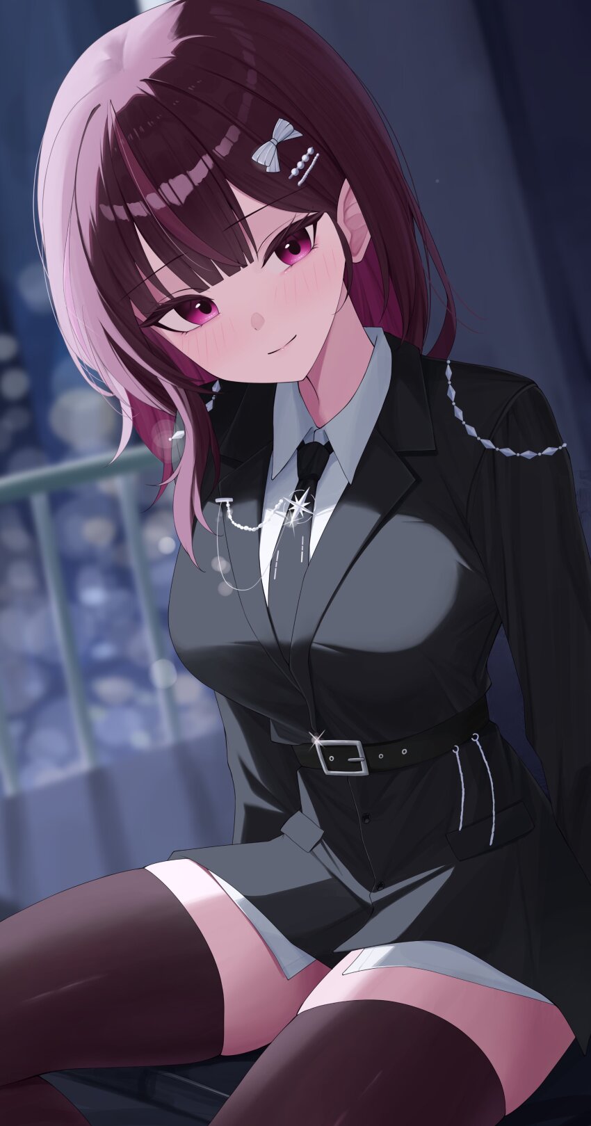 1girl absurdres belt black_jacket black_necktie black_skirt blazer blurry blurry_background bow breasts brown_thighhighs closed_mouth collared_shirt hair_bow hair_ornament hairclip highres jacket jururu long_hair long_sleeves looking_at_viewer medium_breasts miniskirt multicolored_hair necktie purple_eyes purple_hair sei_(0724sei6) shirt sitting skirt smile solo streaked_hair thighhighs undershirt virtual_youtuber waktaverse white_shirt zettai_ryouiki