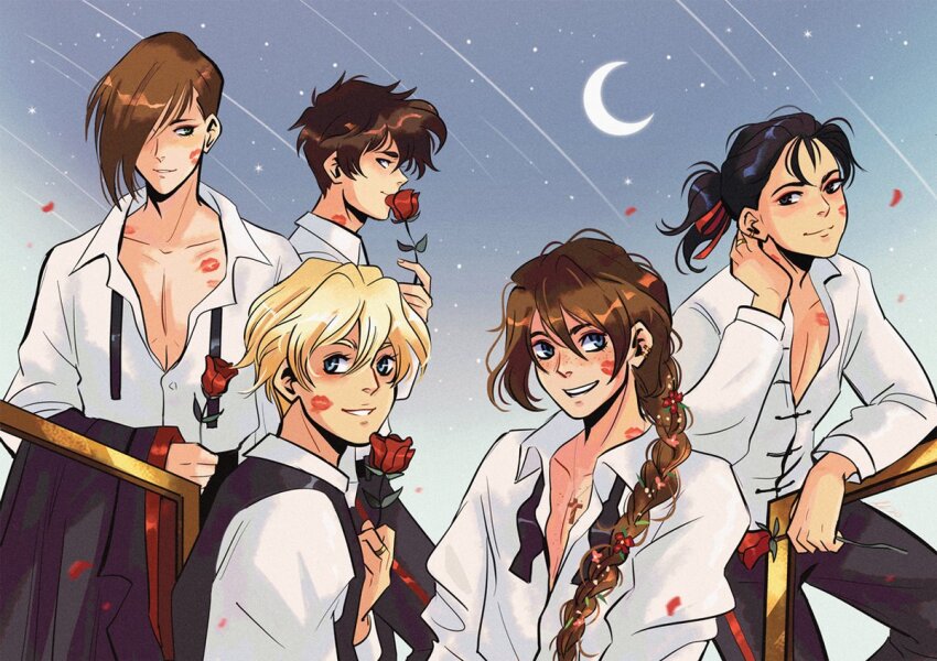 5boys andythelemon chang_wufei duo_maxwell gundam gundam_wing heero_yuy lipstick_mark male_focus multiple_boys quatre_raberba_winner tagme trowa_barton