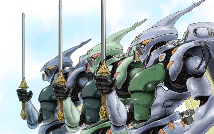 antennae army cable claws cloud colored_pencil_(medium) dunbine fantasy graphite_(medium) highres insect_wings izo_(bjc000510) machinery mecha robot salute scan science_fiction seisenshi_dunbine sword traditional_media upper_body weapon wings