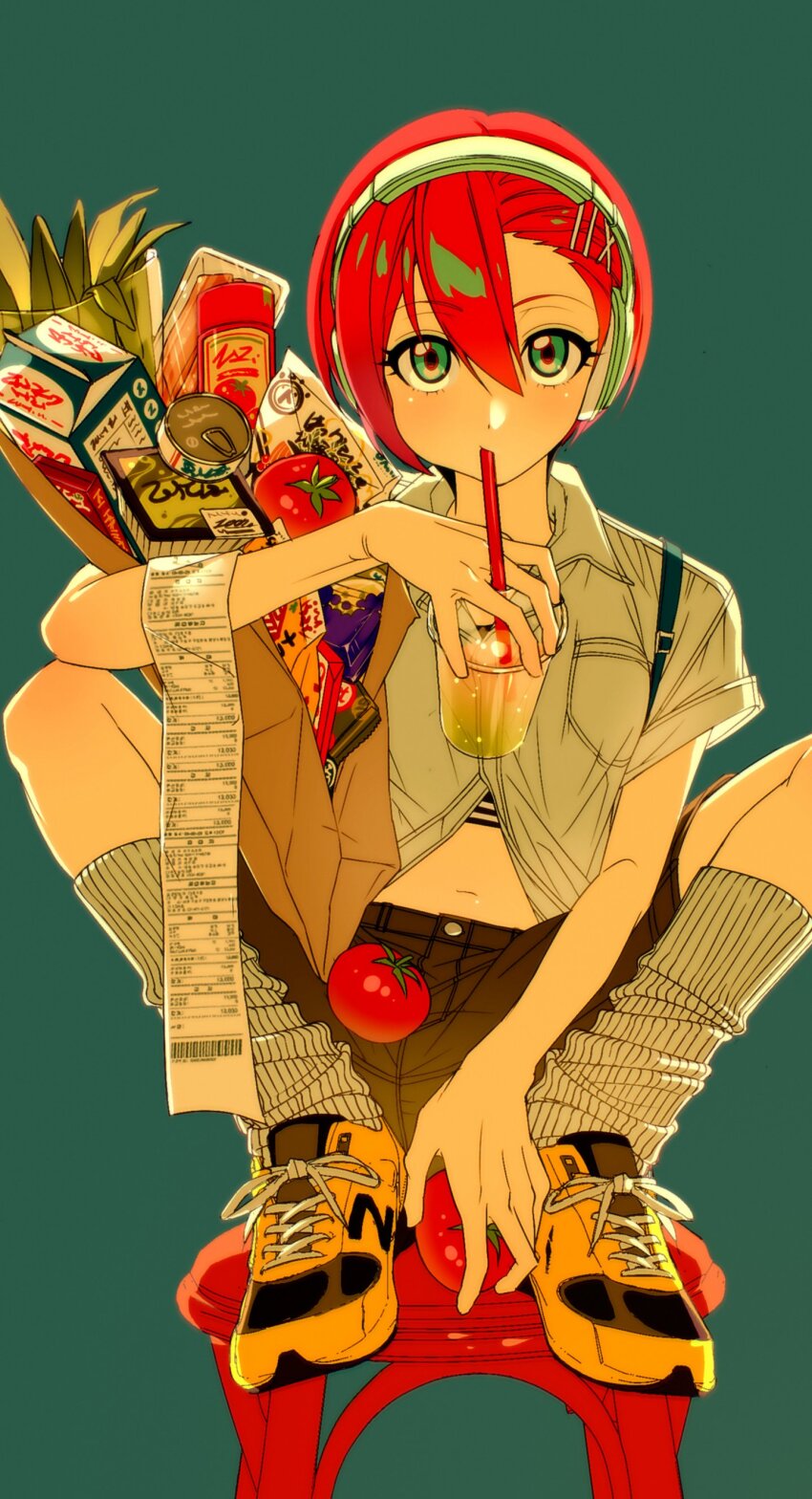 1girl absurdres amate_yuzuriha bag black_shorts canned_tuna collared_shirt cup disposable_cup drinking drinking_straw food green_background green_eyes grey_shirt gundam gundam_gquuuuuux hair_between_eyes hair_ornament hairpin headphones highres holding holding_cup holding_food looking_at_viewer loose_socks milk_carton multiple_hairpins navel paper_bag partially_unbuttoned receipt red_eyes shirt shoes shopping_bag short_hair short_sleeves shorts simple_background sneakers socks solo squatting stool suspender_shorts suspenders tomato white_socks x_hair_ornament yang_gallae yellow_shoes