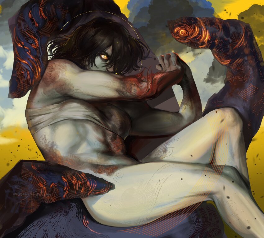 1girl arm_across_chest black_hair burn_scar burnt dovahcaine elden_ring the_fallen_angel_(painting) fine_art_parody glowing glowing_eyes highres interlocked_fingers medium_hair no_armor parody pidge_(dovahcaine) scar signature solo tarnished_(elden_ring) three_fingers_(elden_ring) toned toned_female yellow_eyes