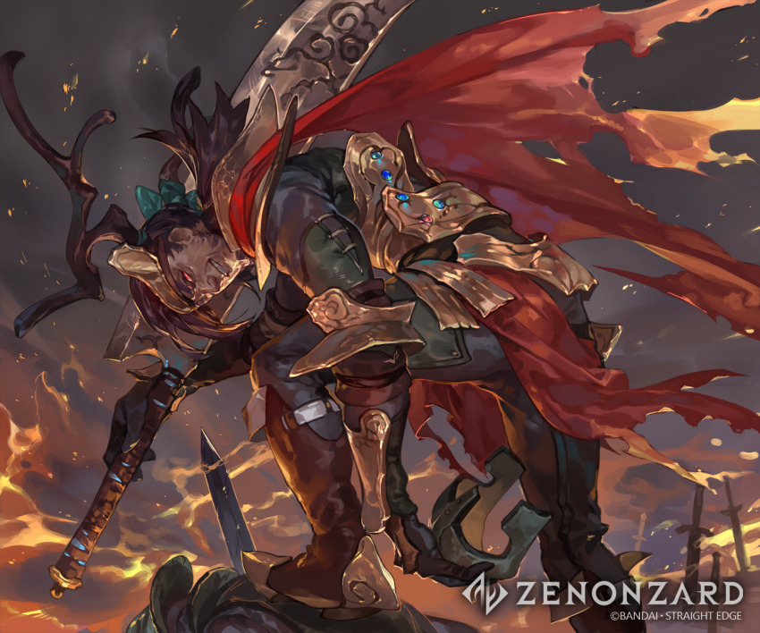 1boy boots brown_hair cape copyright_name field_of_blades grimace holding holding_sword holding_weapon horns looking_at_viewer male_focus mature_male official_art pants red_cape red_eyes short_hair so-taro solo steel-toe_boots sword torn_cape torn_clothes weapon zenonzard