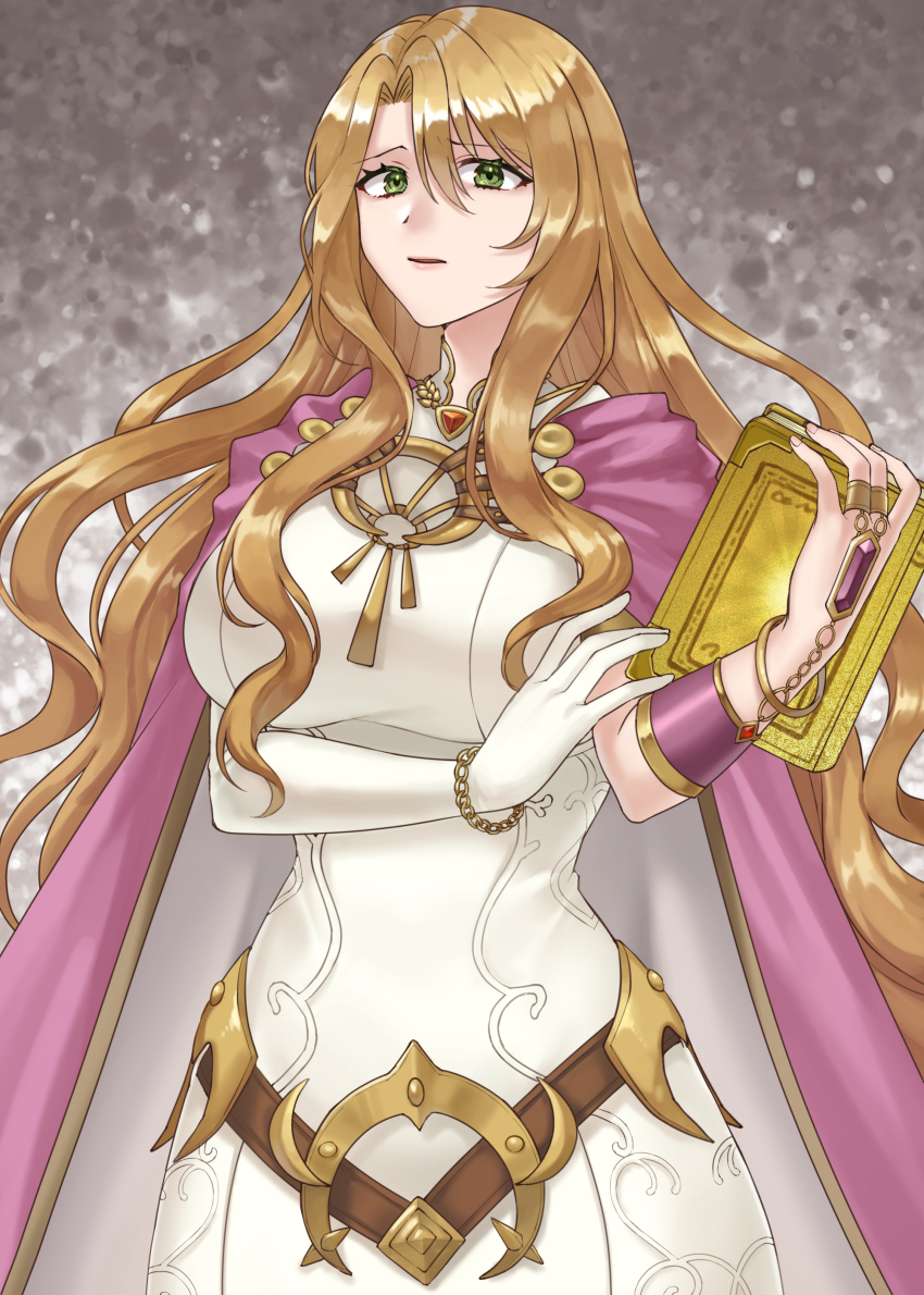 1girl absurdres belt blonde_hair book breasts brown_belt cape commentary_request commission dress elbow_gloves fire_emblem fire_emblem:_the_binding_blade fire_emblem:_the_blazing_blade gloves green_eyes hair_between_eyes hazuki_(nyorosuke) highres holding holding_book jewelry large_breasts long_hair looking_at_viewer nintendo pink_cape saint_elimine_(fire_emblem) single_glove skeb_commission solo two-tone_cape very_long_hair white_cape white_dress white_gloves