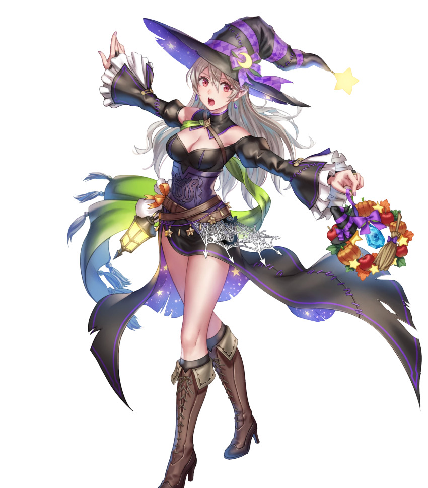 1girl _ornament anbe_yoshirou belt boots breasts brown_boots cleavage corrin_(female)_(fire_emblem) corrin_(female)_(halloween)_(fire_emblem) costume crescent crescent_hat_ornament detached_sleeves dress earrings female_focus fire_emblem fire_emblem_fates fire_emblem_heroes frills full_body hair_ornament halloween halloween_costume hat hat_ornament high_heel_boots high_heels highres jewelry knee_boots lace-up_boots lantern long_hair long_sleeves medium_breasts nintendo non-web_source off_shoulder official_alternate_costume official_art open_mouth pointy_ears red_eyes solo star_(symbol) thighs transparent_background white_hair witch_hat wreath