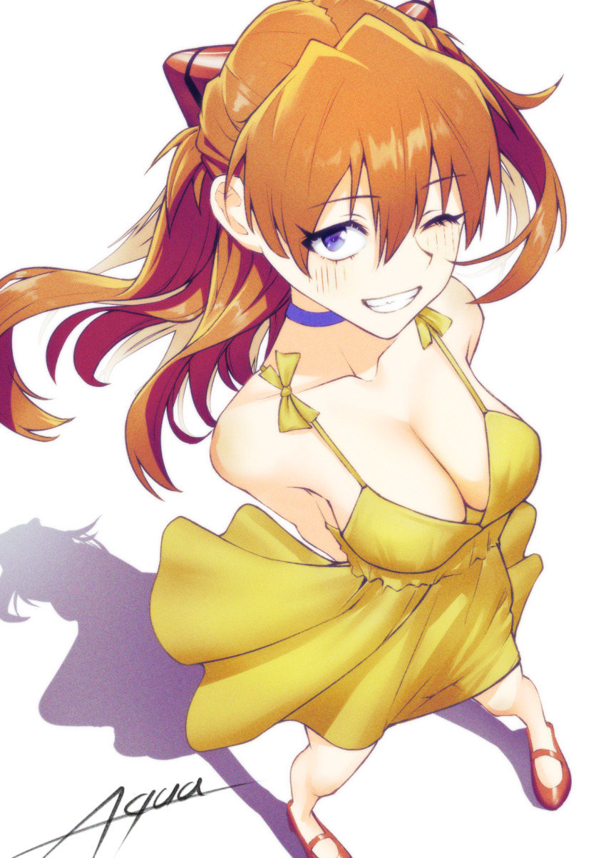 1girl blue_eyes breasts choker cleavage collarbone dress from_above grin hairpods highres illust_aqua looking_at_viewer medium_breasts neon_genesis_evangelion one_eye_closed orange_hair red_shoes shadow shoes signature simple_background smile solo souryuu_asuka_langley two_side_up white_background yellow_dress