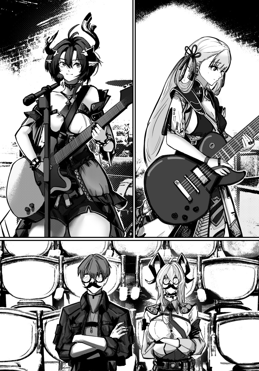 1boy 3girls absurdres aoyama_yoshino bocchi_the_rock! ciaccona_(wuthering_waves) electric_guitar fake_facial_hair fake_mustache glasses gotoh_hitori guitar hasegawa_ikumi highres horns instrument jinhsi_(wuthering_waves) kita_ikuyo li9999 male_rover_(wuthering_waves) monochrome multiple_girls rover_(wuthering_waves) voice_actor_connection wuthering_waves zani_(wuthering_waves)