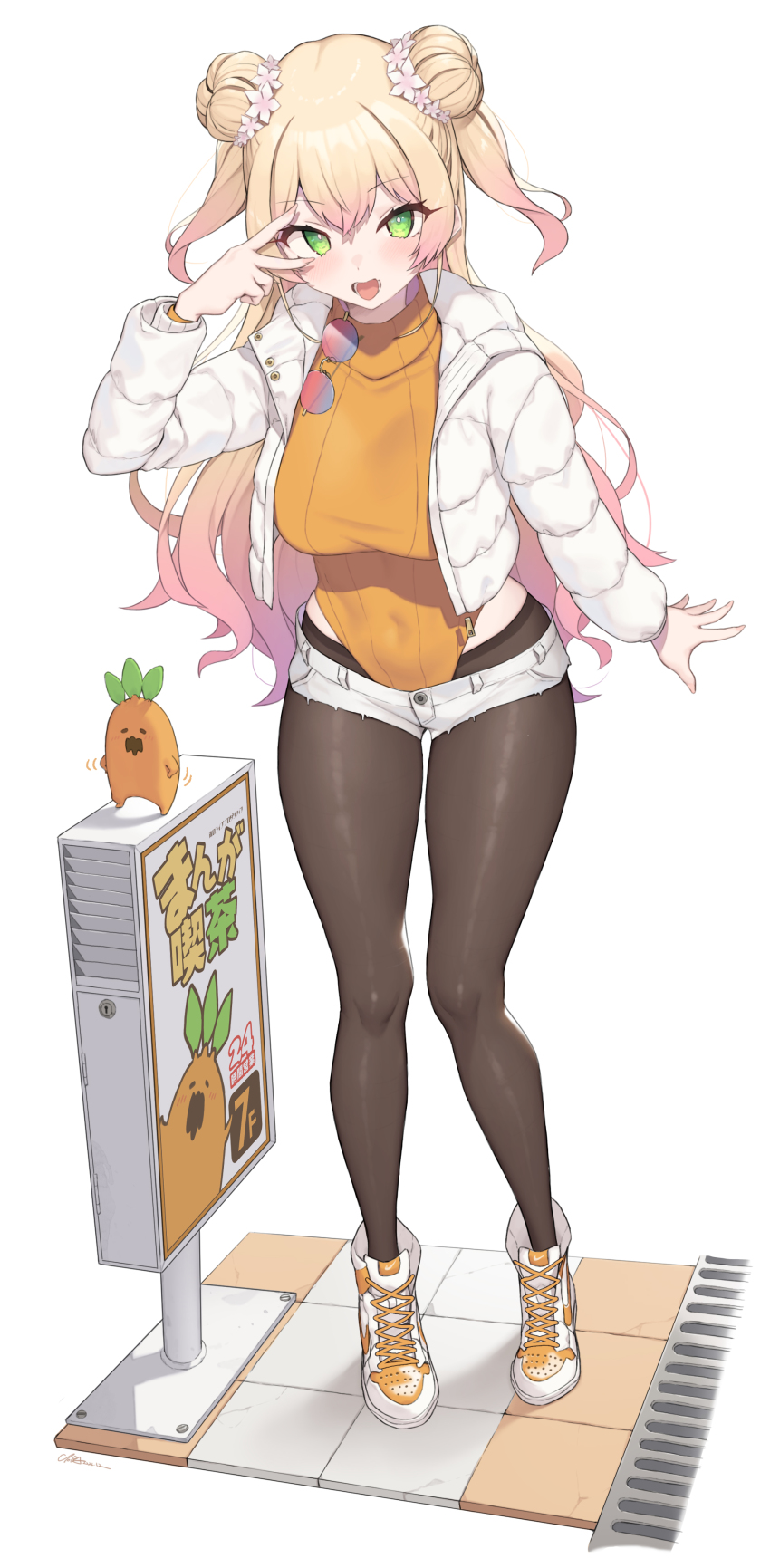 1girl absurdres blonde_hair breasts cloba commentary covered_navel double_bun eyewear_hang full_body gradient_hair green_eyes hair_bun hand_up heattech_leotard highres hololive jacket large_breasts leaning_forward legs_apart leotard leotard_under_clothes long_hair long_sleeves looking_at_viewer lowleg lowleg_pantyhose lowleg_shorts momosuzu_nene multicolored_hair nekko_(momosuzu_nene) nike_(company) open_clothes open_jacket open_mouth orange_leotard pantyhose pantyhose_under_shorts pink_hair round_eyewear shoes shorts simple_background sneakers standing sunglasses turtleneck unworn_eyewear v virtual_youtuber white_background white_jacket white_shorts zipper_pull_tab