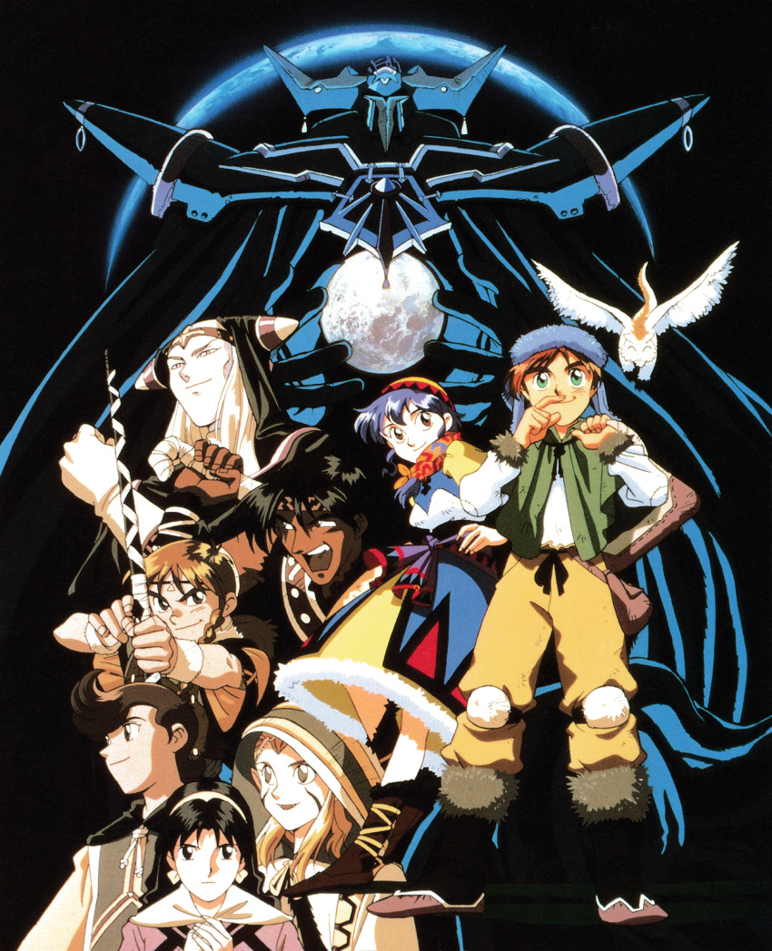 1990s_(style) 3girls 4boys alex_noah aqua_eyes arrow_(projectile) bandana bird black_hair blonde_hair blue_hair boots bow bow_(weapon) braid brown_hair dark-skinned_female dark_skin drawing_bow dress facial_mark fur_trim ghaleon hat headband highres holding holding_arrow holding_bow_(weapon) holding_weapon hood hood_up jessica_de_alkirk knee_pads kyle_(lunar) luna_noah lunar lunar:_the_silver_star markings mia_ausa multiple_boys multiple_girls nall_(lunar) nash_rumack non-web_source official_art open_mouth pointy_ears ponytail retro_artstyle smile tempest weapon white_hair